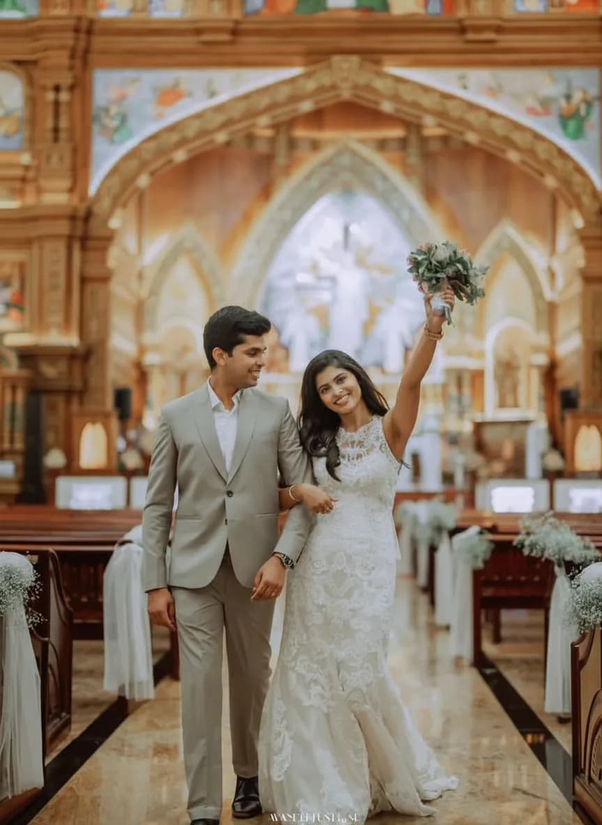 A newly married Christian couple walking out of their church