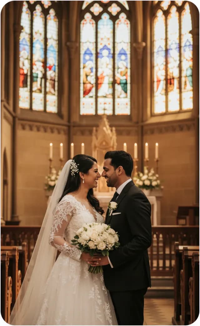 A bride and groom facing each other before a stained-glass church altar